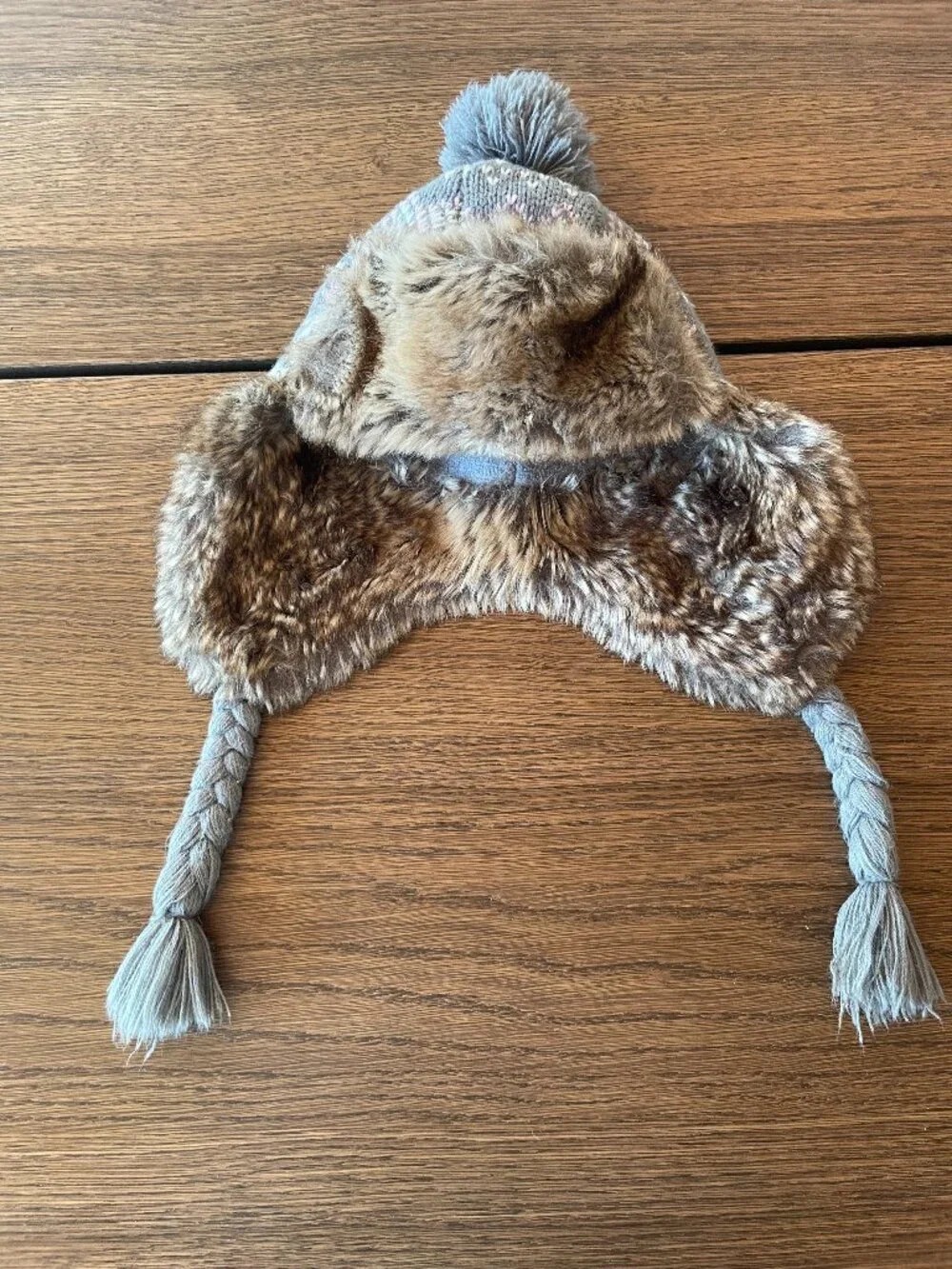 Kids Faux Fur Trapper Hat Gray Brown Pom Pom Winter Hat
